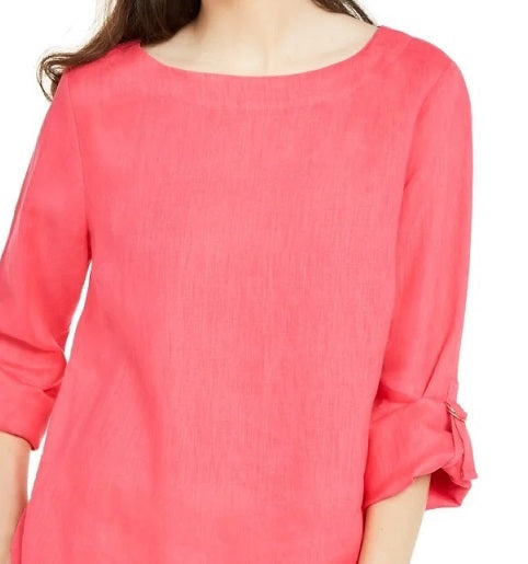 Charter Club Blusa feminina com mangas enroladas e mistura de linho, laranja, tamanho grande