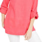 Charter Club Blusa feminina com mangas enroladas e mistura de linho, laranja, tamanho grande