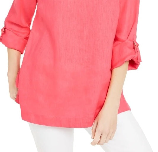 Charter Club Blusa feminina com mangas enroladas e mistura de linho, laranja, tamanho grande