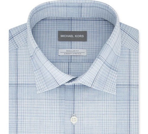 Camisa social masculina Michael Kors Classic Regular Fit, sem ferro, para performance em Airsoft, xadrez elástico, tamanho azul, 18,5 x 34-35