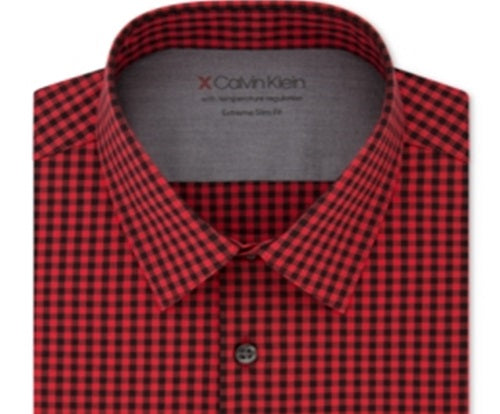 Camisa social masculina Calvin Klein Extra Slim Fit Performance Stretch com regulagem de temperatura e xadrez, vermelha, tamanho G