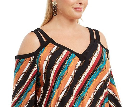 INC International Concepts Top feminino estampado com ombros descobertos, vermelho, tamanho 1X