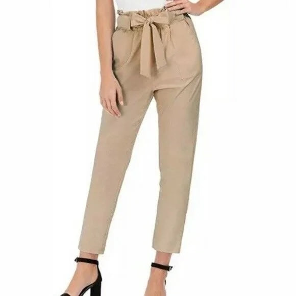 Calça feminina Paperbag com pregas frontais, tamanho XX-G, marrom, da Maison Jules