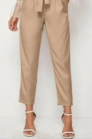 Calça feminina Paperbag com pregas frontais, tamanho XX-G, marrom, da Maison Jules
