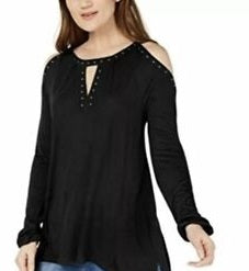 INC International Concepts Top Feminino Azul-petróleo com Ombros Rebaixados e Manga Longa e Gola Redonda, Preto, Tamanho X-G