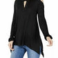 INC International Concepts Top Feminino Azul-petróleo com Ombros Rebaixados e Manga Longa e Gola Redonda, Preto, Tamanho X-G