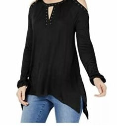 INC International Concepts Top Feminino Azul-petróleo com Ombros Rebaixados e Manga Longa e Gola Redonda, Preto, Tamanho X-G