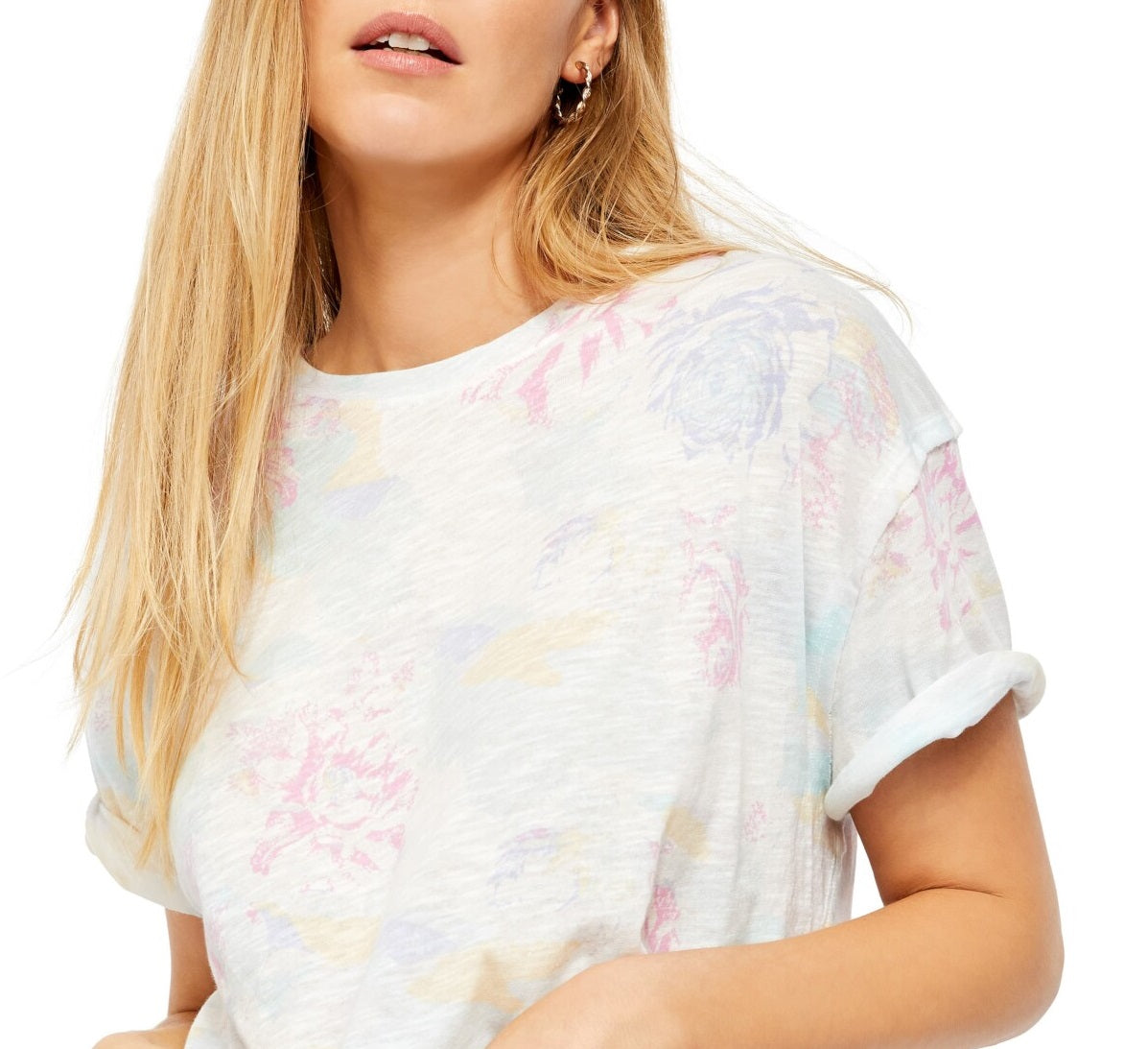 Camiseta feminina Free People Tie Dye de manga curta e gola redonda, branca, tamanho grande