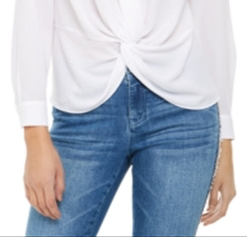 Blusa feminina INC com gola e manga comprida franzida na frente, tamanho médio, branca