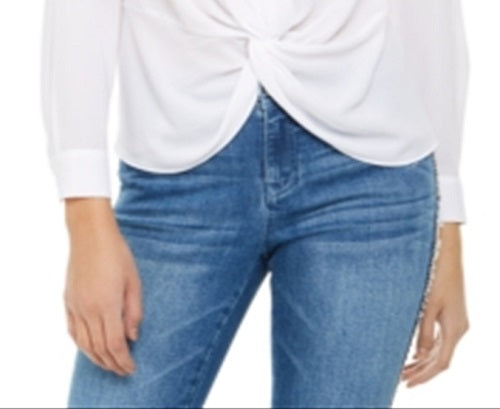 Blusa feminina de manga comprida com gola franzida frontal, tamanho X-S, branca, da INC International Concepts