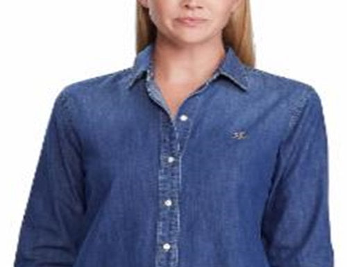 Camisa jeans feminina Ralph Lauren com gola azul, tamanho pequeno