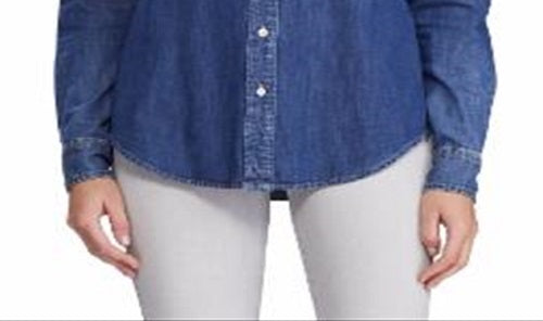 Camisa jeans feminina Ralph Lauren com gola azul, tamanho pequeno