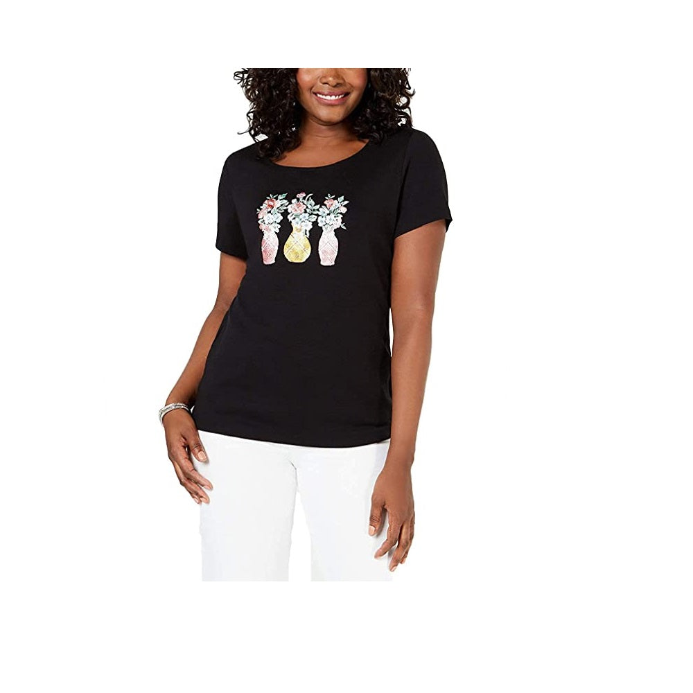 Camiseta feminina bordada Karen Scott, preta, tamanho X-G