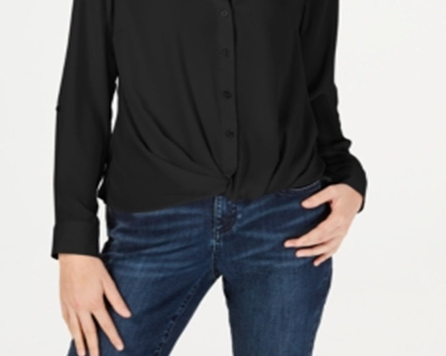 Camisa feminina com frente torcida da INC International Concepts, preta, tamanho 1X