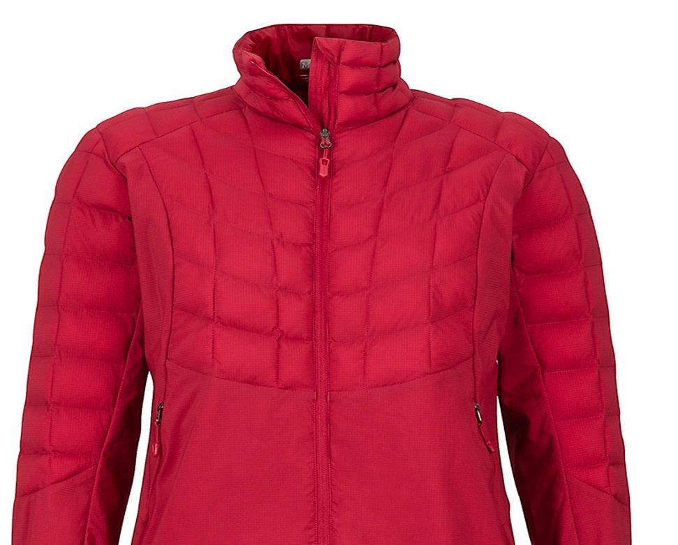 Jaqueta híbrida sem penas Marmot feminina vermelha tamanho X-S