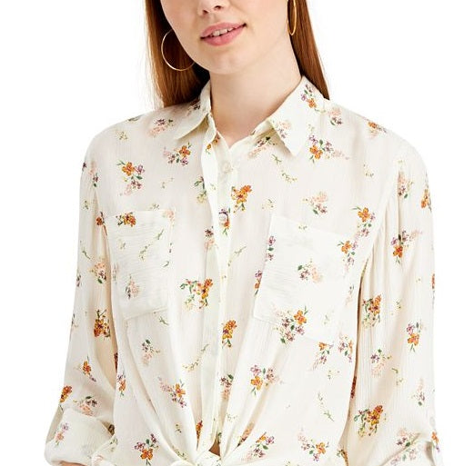 Camisa floral com amarração frontal Pink Rose Junior, tamanho médio, branca