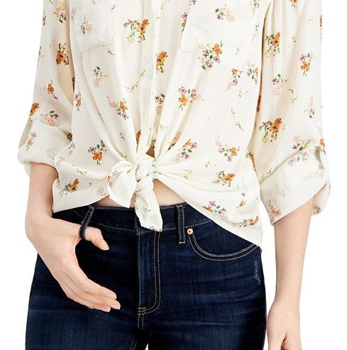 Camisa floral com amarração frontal Pink Rose Junior, tamanho médio, branca