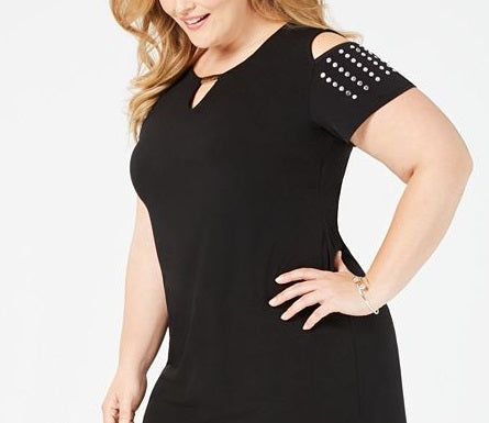 Vestido tubinho acima do joelho feminino JM Collection, manga curta, preto, tamanho 1X