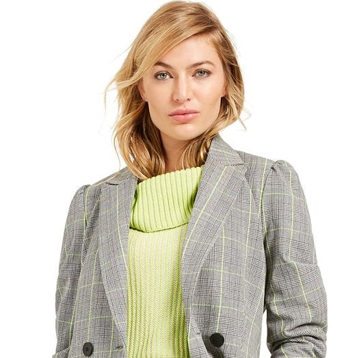 Blazer xadrez trespassado feminino Bar III para usar no trabalho, jaqueta cinza, tamanho XX-G
