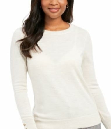 Suéter feminino Charter Club com gola redonda e punhos abotoados, branco, tamanho P