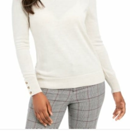 Suéter feminino Charter Club com gola redonda e punhos abotoados, branco, tamanho P