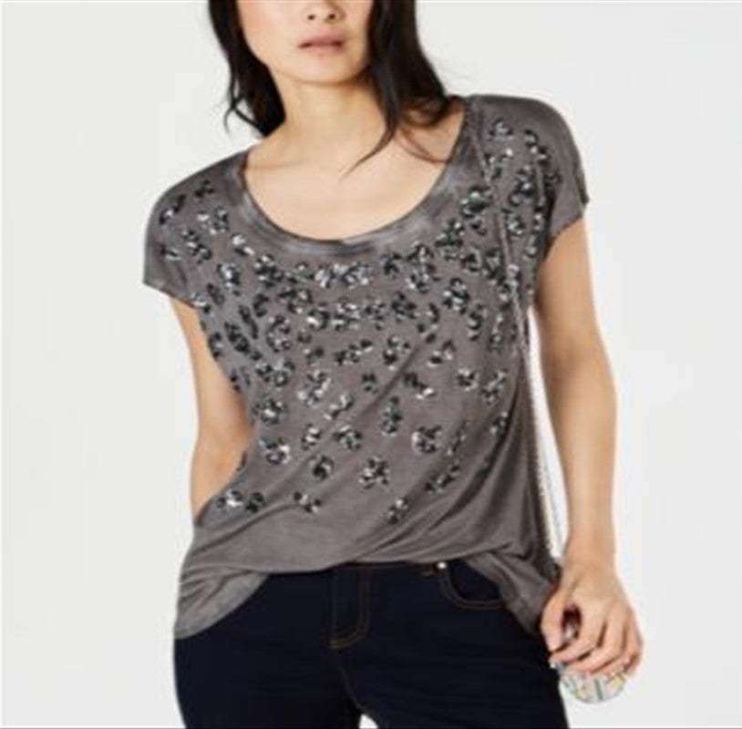 Blusa feminina com estampa animal e lantejoulas da INC International Concepts, cinza, tamanho X-S