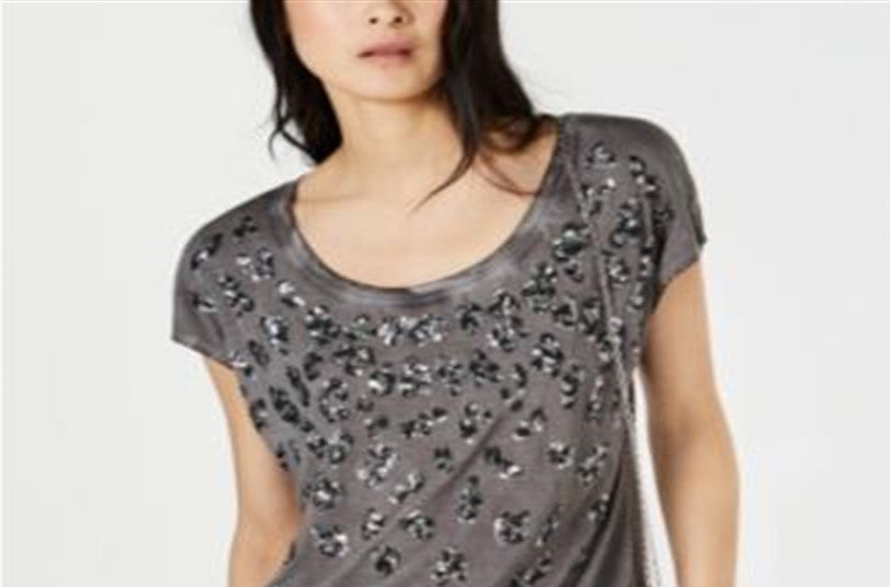 Blusa feminina com estampa animal e lantejoulas da INC International Concepts, cinza, tamanho X-S
