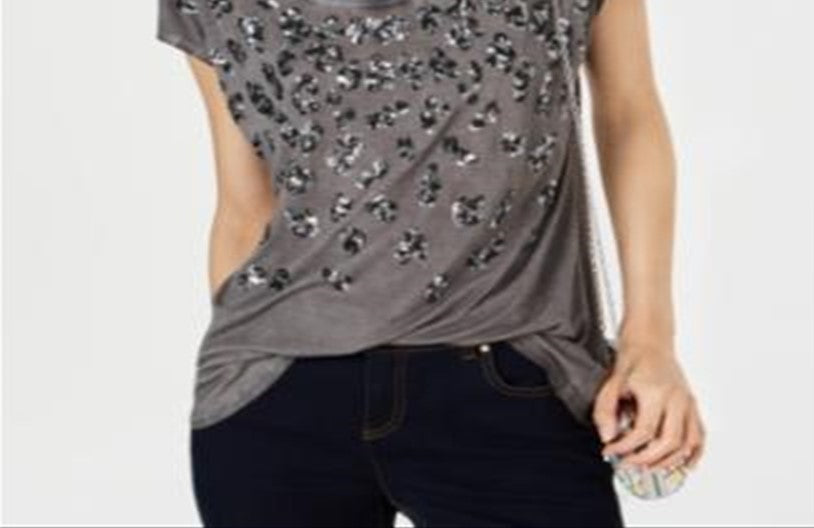 Blusa feminina com estampa animal e lantejoulas da INC International Concepts, cinza, tamanho X-S