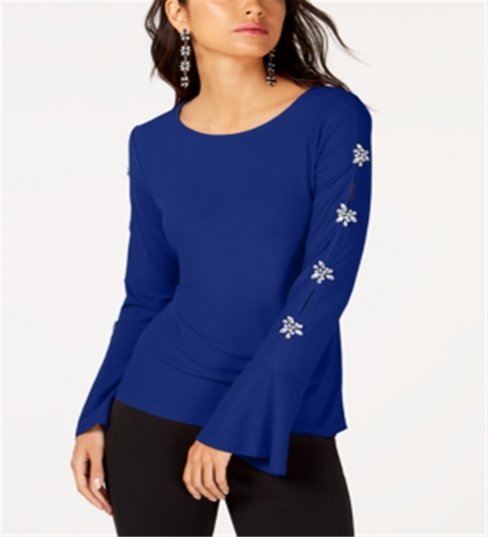 Blusa feminina com mangas enfeitadas da INC International Concepts, azul, tamanho X-S