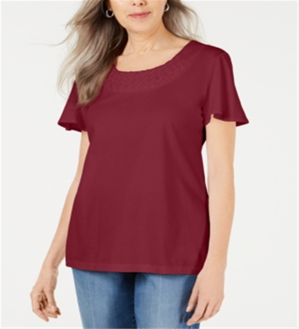 Karen Scott Blusa Feminina com Acabamento em Basketweave e Manga Flutter, Vermelha, Tamanho P