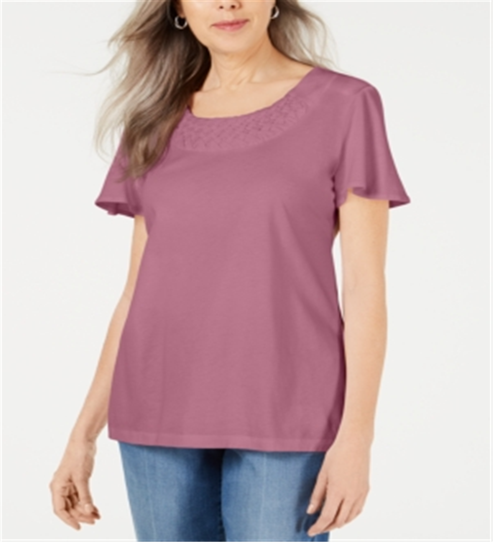 Karen Scott Blusa Feminina com Acabamento em Basketweave e Manga Flutter Rosa Tamanho P