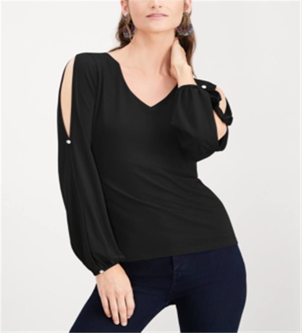 INC International Concepts Top feminino com mangas divididas e botões de strass, preto, tamanho X-S