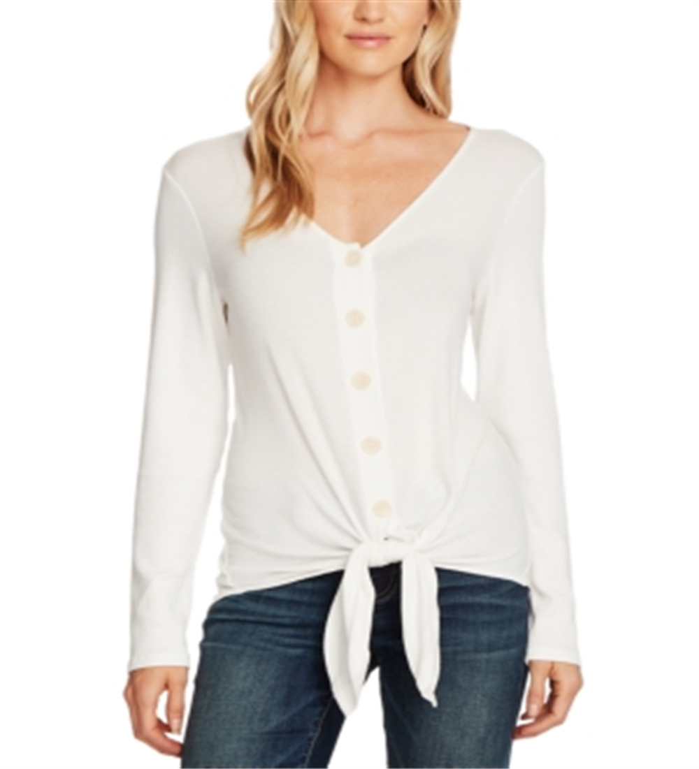 Vince Camuto Blusa feminina de malha canelada com amarração frontal, branca, tamanho extragrande