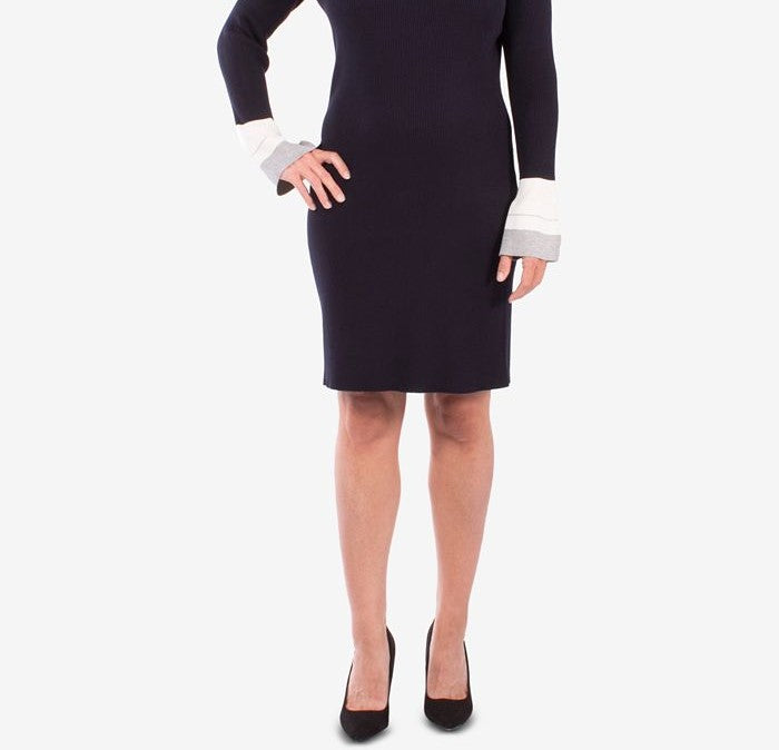 Vestido suéter feminino com blocos de cores da coleção NY, azul, tamanho pequeno, médio