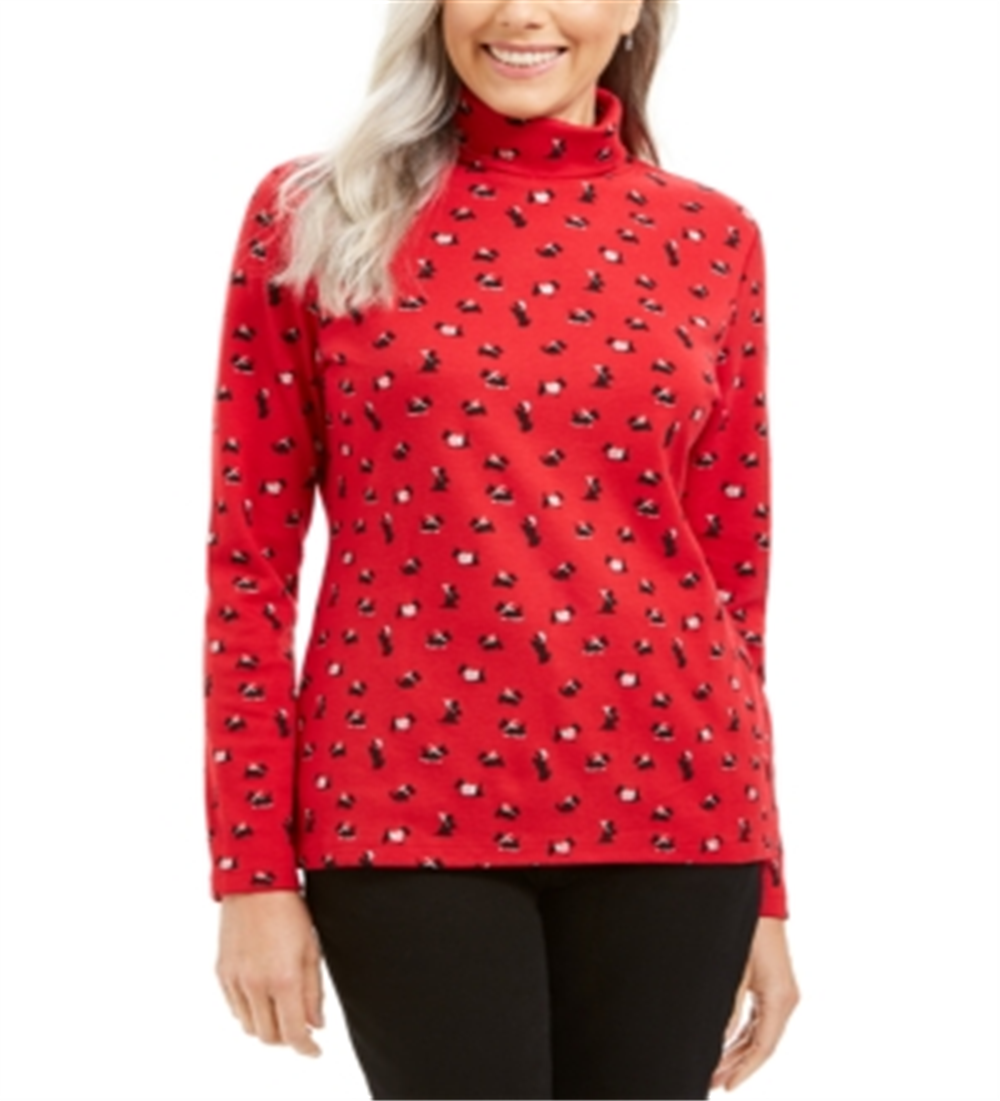 Karen Scott Blusa Feminina Manga Longa Gola Alta Estampada Vermelha Tamanho Médio