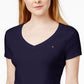 Camiseta feminina Tommy Hilfiger com decote em V, azul, tamanho grande