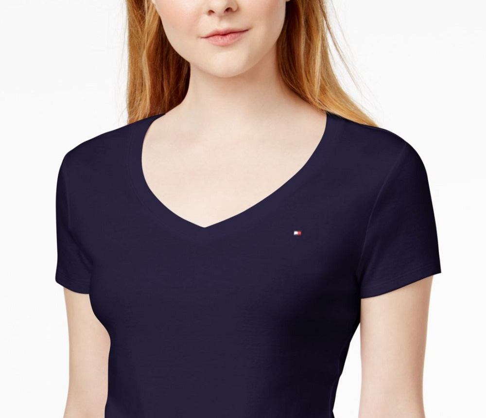 Camiseta feminina Tommy Hilfiger com decote em V, azul, tamanho grande