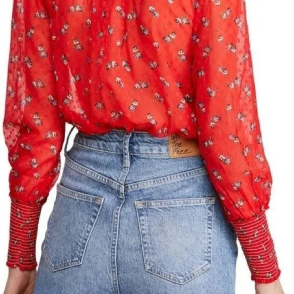 Blusa transparente com estampa de flores em dezembro para mulheres da Free People, vermelha, tamanho médio