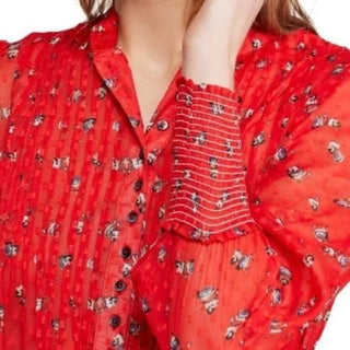 Blusa transparente com estampa de flores em dezembro para mulheres da Free People, vermelha, tamanho médio