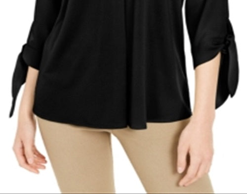 Blusa feminina Alfani com punho e gravata, preta, tamanho X-S