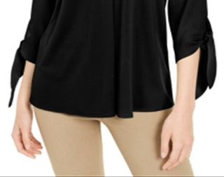 Blusa feminina Alfani com punho e gravata, preta, tamanho X-S