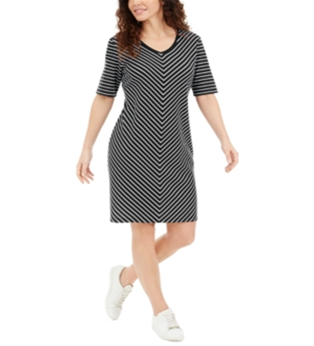 Vestido feminino Karen Scott de algodão com cadarço e gola dividida, preto, tamanho X-S