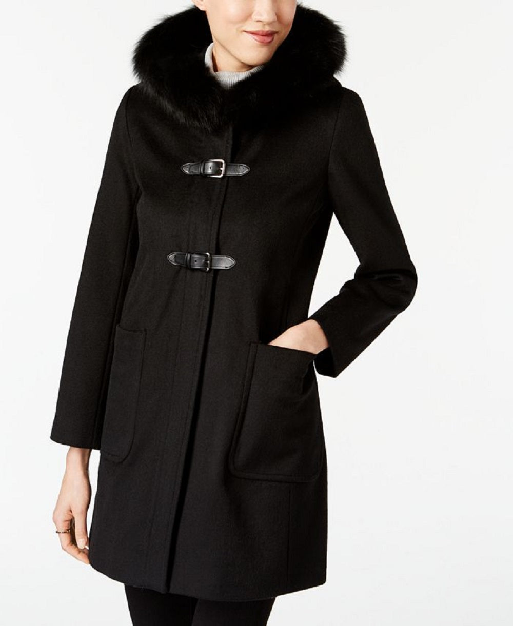 Forecaster Casaco feminino com acabamento em pele de raposa e fivela Walker, preto, tamanho 14