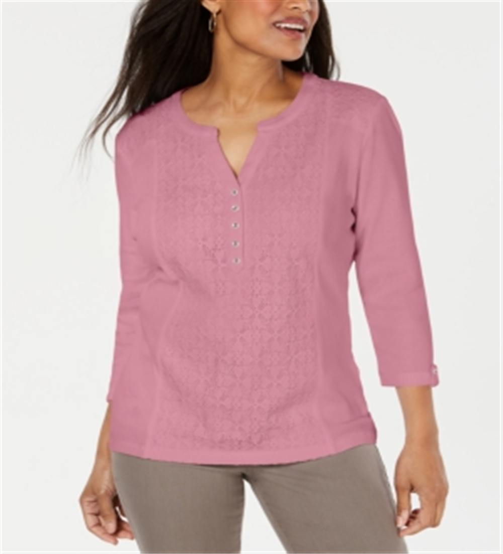 Karen Scott Top Henley Feminino de Algodão com Ilhós Frontais Rosa Tamanho Pequeno