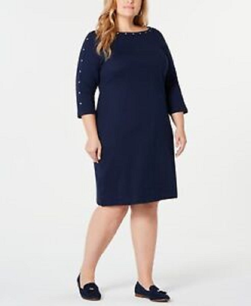Vestido feminino Karen Scott com decote canoa e tachas, azul, tamanho pequeno