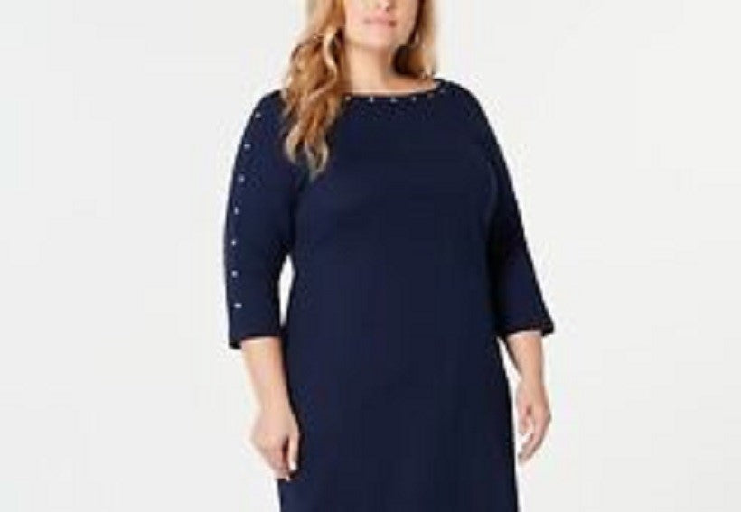Vestido feminino Karen Scott com decote canoa e tachas, azul, tamanho pequeno