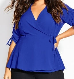 Blusa feminina City Chic com manga franzida, azul, tamanho P