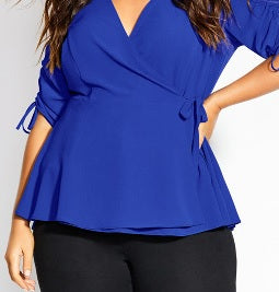 Blusa feminina City Chic com manga franzida, azul, tamanho P