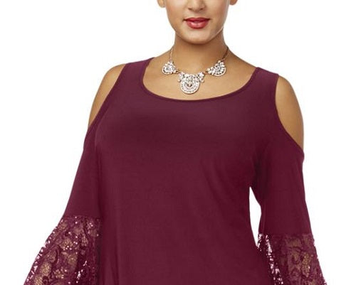 Vestido formal feminino R &amp; M Richards com decote redondo e manga sino mesclada e ombro de fora, tamanho 22W, vermelho