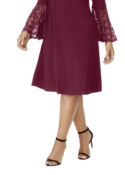 Vestido formal feminino R &amp; M Richards com decote redondo e manga sino mesclada e ombro de fora, tamanho 22W, vermelho